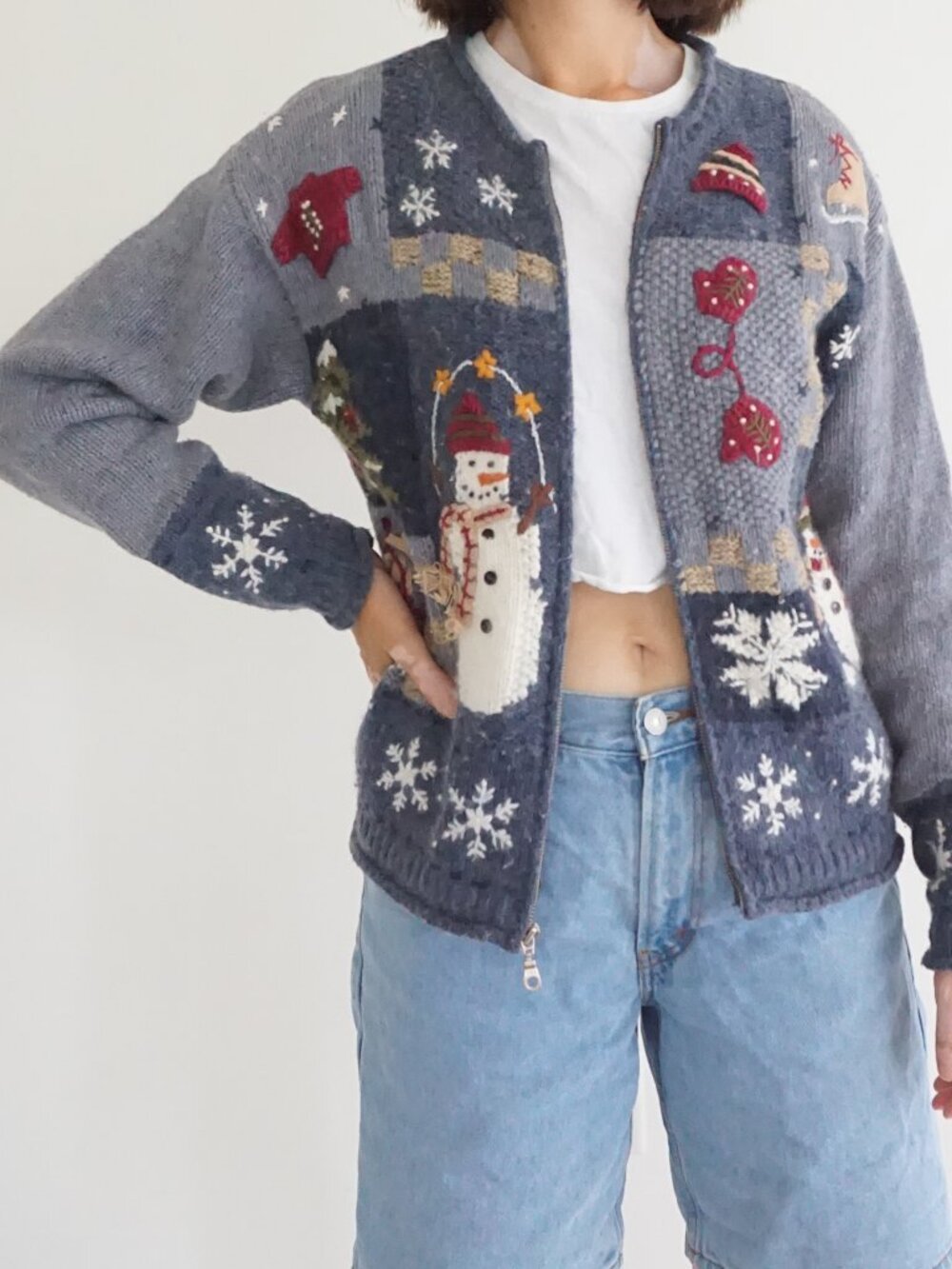 Vintage Croft & Barrow Blue Snowman Snowflakes Mittens Ugly Christmas Cardigan S